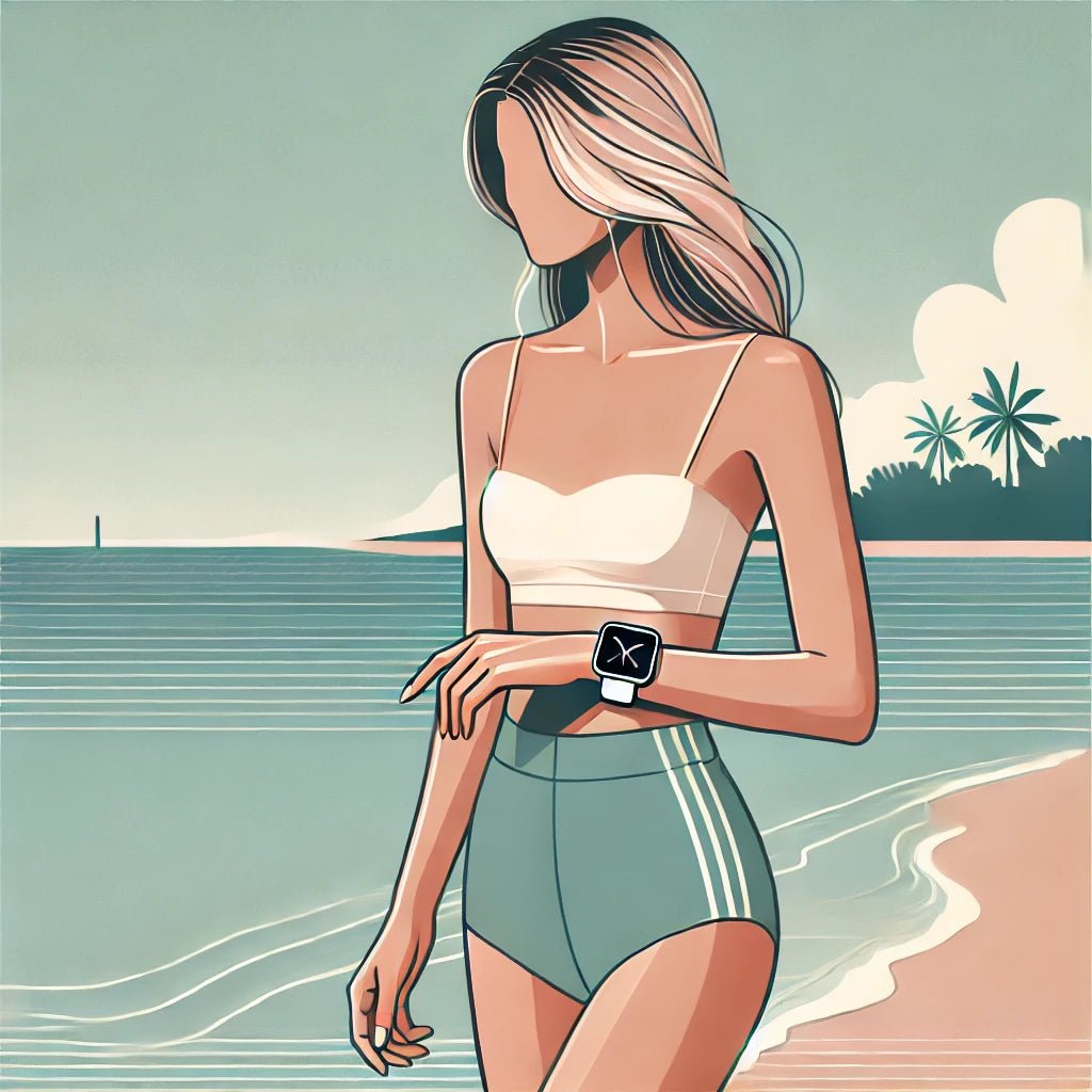 Illustration von einer jungen Frau am Strand die eine Apple Watch mit einem Vabanya Band trägt