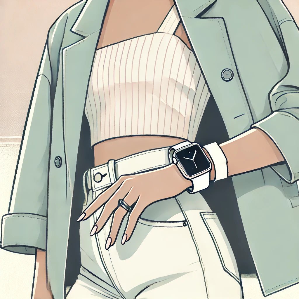 Eine Frau mit einem grünen Jacket trägt eine Apple Watch Uhr mit einem Vabanya Armband um das Handgelenk und ihre Hand ist auf Höhe ihrer Hüfte