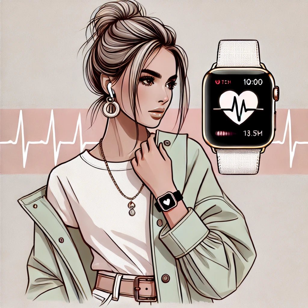 Illustration einer jungen Frau, die eine Apple Watch mit einem Vabanya Armband trägt und ihren Puls misst