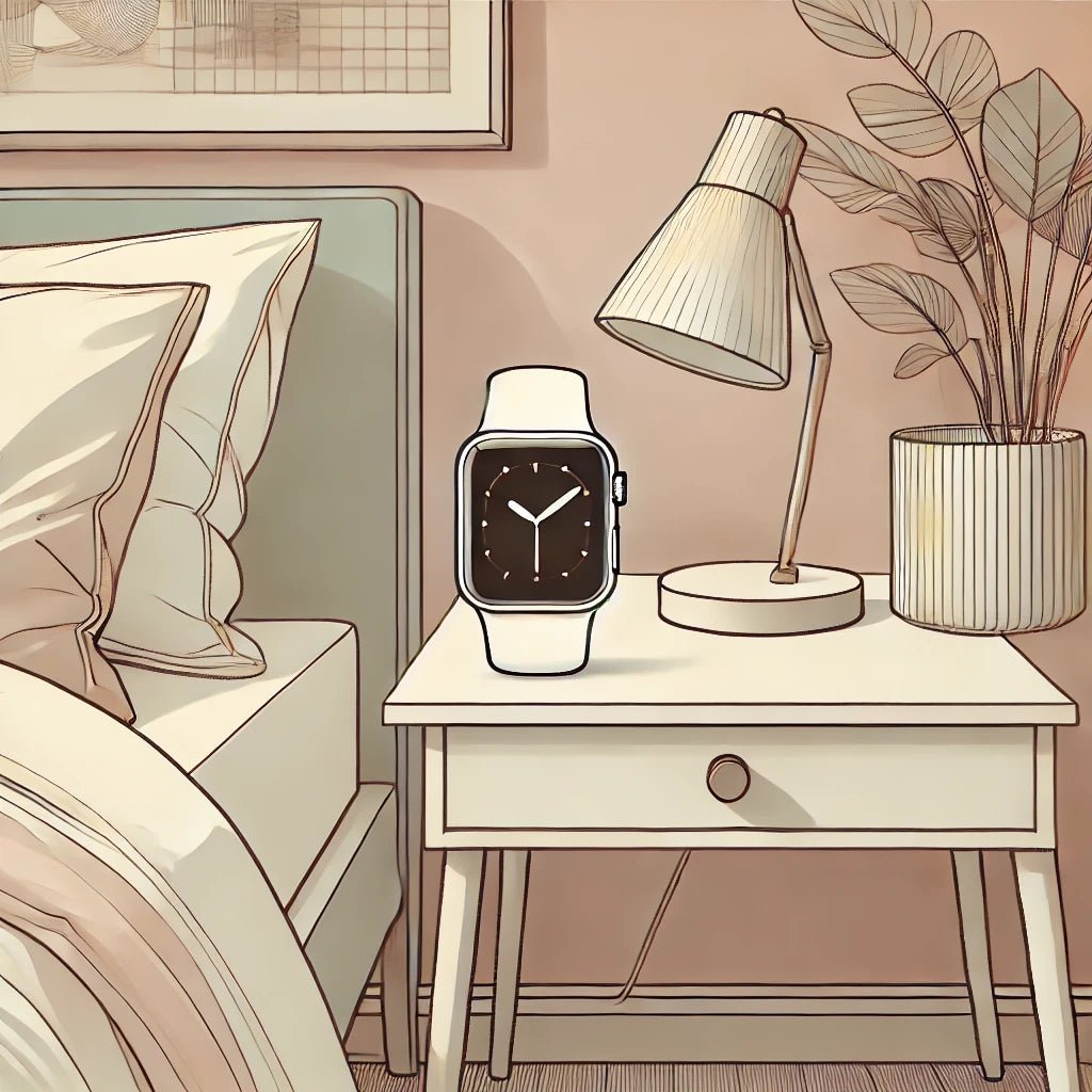 Eine Illustration von einer Apple Watch mit einem Vabanya Armband auf dem Nachttisch neben einem Bett stehen