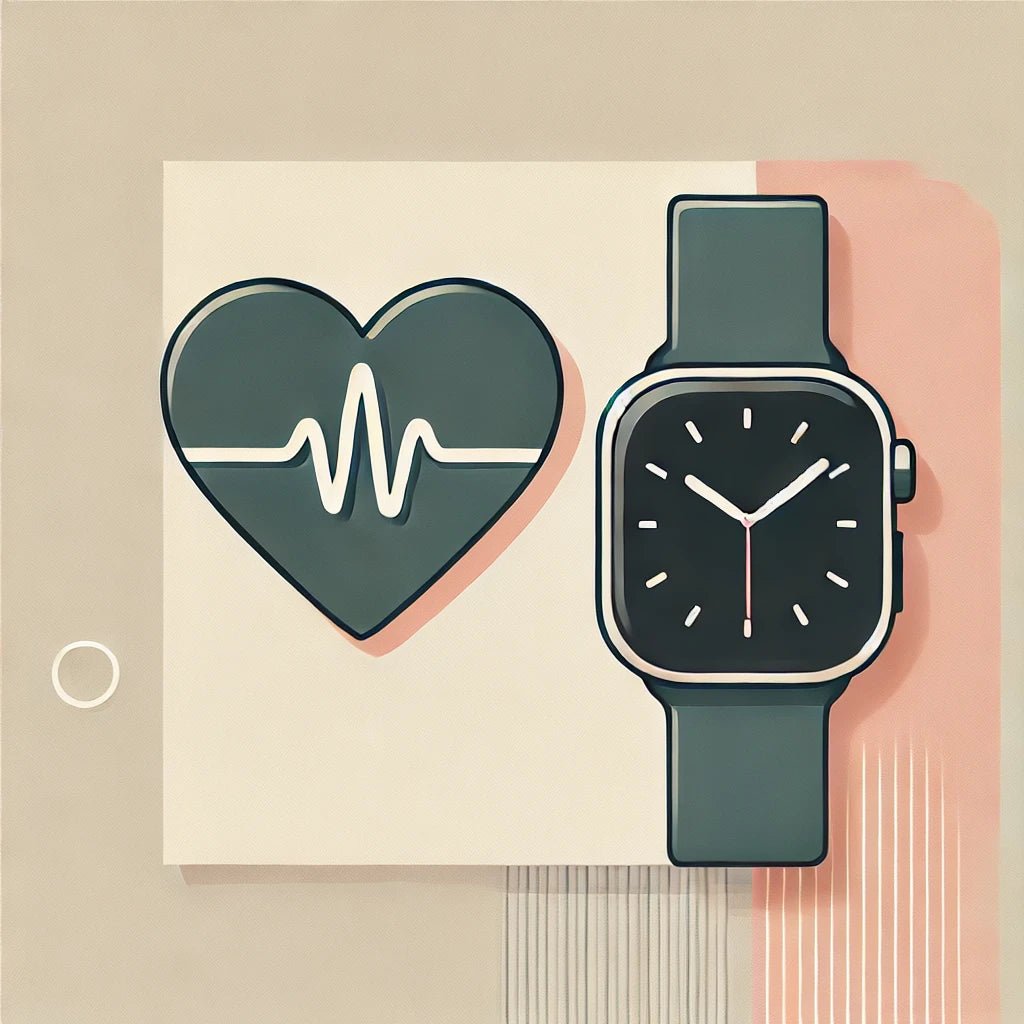 Eine Illustration von einer Apple Watch mit einem Vabanya Armband, daneben ist ein Herz mit einem Herzschlag illustriert